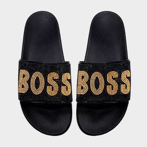 BOSS Black & Gold Rhinestone Slide Sandal Slippers